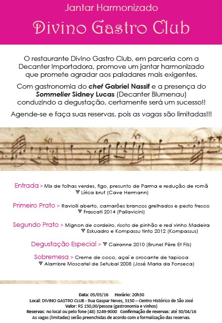 Divino Gastro Club promove jantar harmonizado nesta quinta-feira